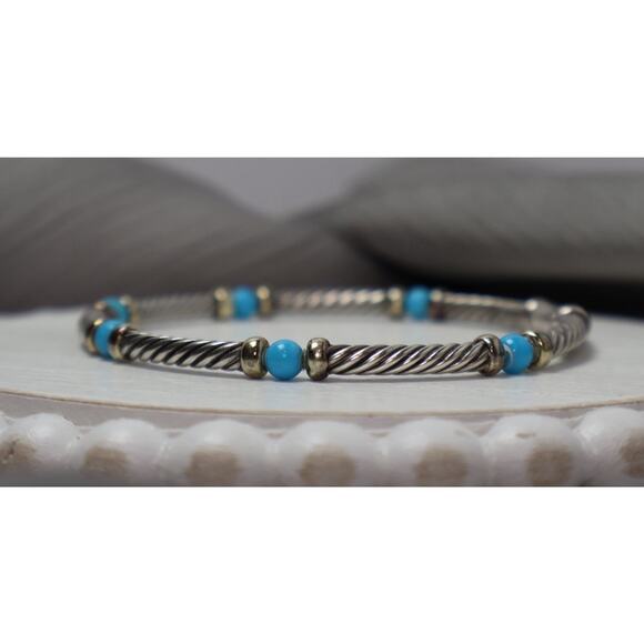 David Yurman 925 & 14k Turquoise Bead Cable Bracelet 9.6G / 7in - Picture 4 of 6